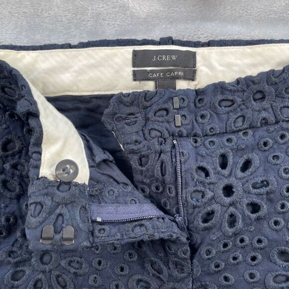 J Crew Pants 0 Navy Blue Pinwheel Eyelet Embroidery Cafe Capri 65899 - Picture 14 of 16